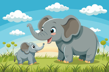 Obraz na płótnie Canvas Baby elephant pleading with mother elephant in the grass There are patches of fluffy clouds