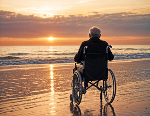Obraz na płótnie Canvas An elderly person in a wheelchair watching the sunset on a beach.