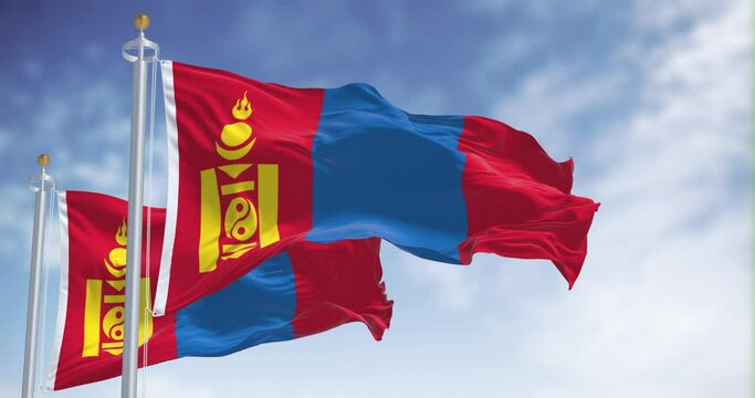 Close-up of Mongolia national flags waving in the wind