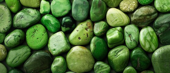 A vibrant assortment of smooth, polished green pebbles in various shades, creating a natural and serene background. - obrazy, fototapety, plakaty