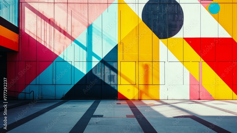 Poster A skateboarder is riding down a ramp in front of an abstract wall, AI