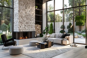 A photo of the interior design living room with a white sofa, black armchair and stone fireplace in...