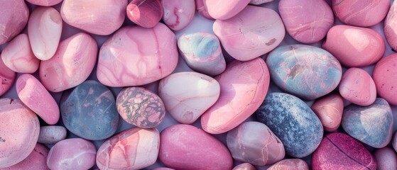 Obraz na płótnie Canvas A vibrant collection of oval-shaped stones with a marble-like pattern in shades of pink, blue, and white, creating an eye-catching and aesthetically pleasing arrangement.