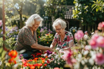 Two happy smiling senior women in the garden together taking care of flowers, gardening, joy of communication, floriculture, friendship, friendly support