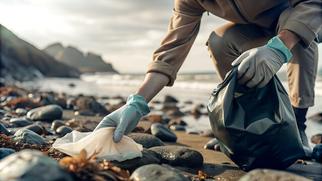 Voluntario recogiendo basura en la playa. Persona limpiando la playa de restos. Restos de basura al aire libre.  Concepto Día de la Tierra.