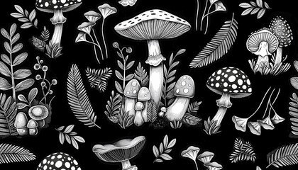 Black and white seamless illustration whimsical mushrooms on black background	
