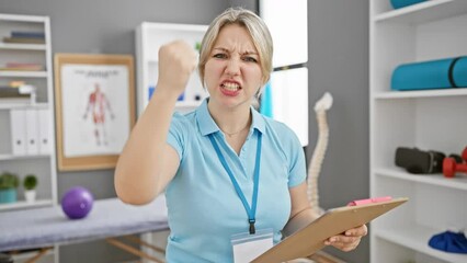 Frustrated young blonde physio therapist at rehab clinic losing it, angrily shouting and waving clipboard crazy with rage
