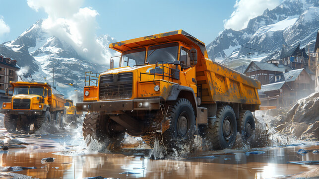 Mountain Quarry Work. Two large yellow dump trucks navigate through a waterlogged path amidst a rocky terrain, with snow-capped mountains and a small settlement in background.  ruggedness of construct