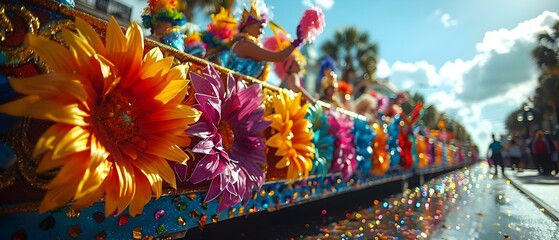 Colorful Mardi Gras float with dancers and revelers passing by. Concept Mardi Gras Parade, Floats, Dancers, Revelers, Colorful Celebration - obrazy, fototapety, plakaty