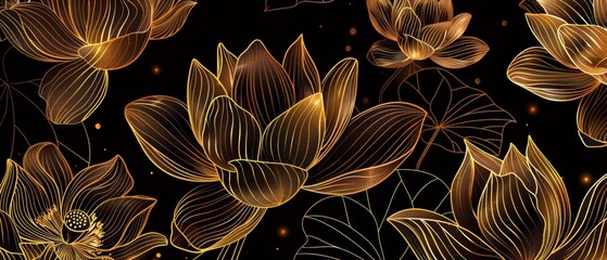 Golden line art tropical flower wallpaper. Lotus flowers and leaves background. Decorative, card, packaging, print, cover, banner and home décor design.