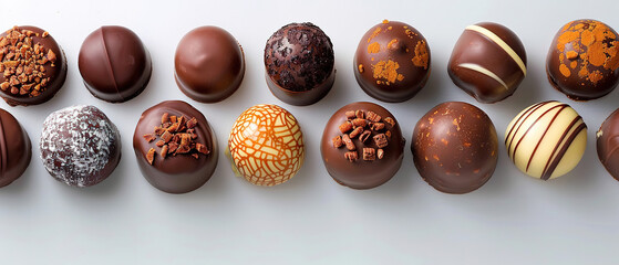 various of chocolate lined up, top view, white background, with empty copy space