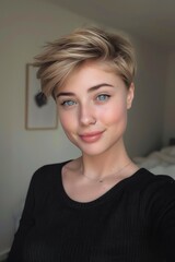 phone photo of 20 year old Caucasian woman with short dirty blonde hair, blue eyes