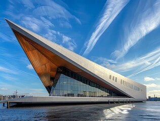 A photo of the new building in the isolated Dutch city at sea, with a glass and steel architecture...