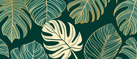 A tropical leaf line art wallpaper background modern design based on natural monstera leaves and banana leaves in a minimalist linear contour design. Use for fabric, prints, covers, banners, and - obrazy, fototapety, plakaty