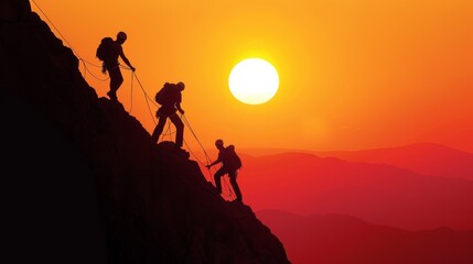 Fototapeta premium A group of people climbing a mountain at sunset, AI