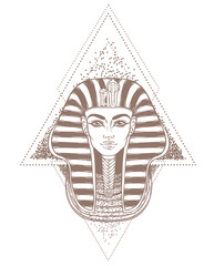 King Tutankhamun mask, ancient Egyptian pharaoh. Hand-drawn vintage vector outline illustration. Tattoo flash, t-shirt or poster design, postcard, coloring book page. Egypt history. - 777295289
