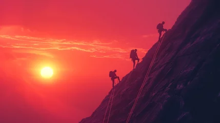 Photo sur Plexiglas Rouge A group of people climbing a mountain with the sun setting in front, AI