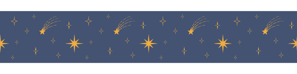 Vector border frame with hight sky, stars. Seamless masking tape. Horizontally repeatable. Hand drawn style. Boho vector print.  Gold color. 