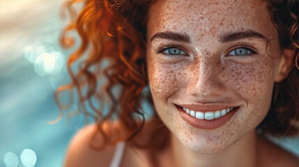 happy tender redhead girl freckles smiling broadly  - obrazy, fototapety, plakaty