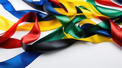 abstract background with Olympic ribbons of blue, black, red, yellow, green colors on a white background, Olympic Games 2024 France, Paris - obrazy, fototapety, plakaty