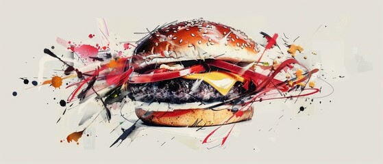 Urban graffiti style burger logo. Junk snack isolated element. Pixel art poster, postcard, t-shirt, banner, sticker. 90s typography design. - obrazy, fototapety, plakaty