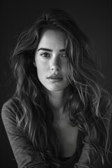 portrait of a beautiful woman with a long hair, black and white, 