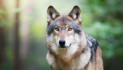 Naklejka na ściany i meble Staring into the yellow ember eyes of a male wolf animal portrait and wild life conservatory