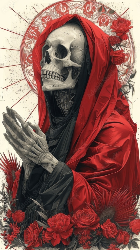 Poster A painting of a skeleton in red robes praying with flowers, AI