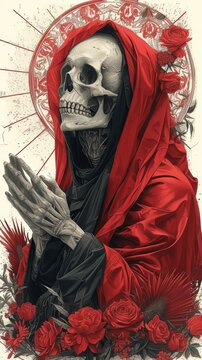 A painting of a skeleton in red robes praying with flowers, AI