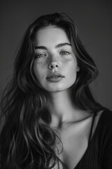 Naklejka premium portrait of a beautiful woman with a long hair, black and white,