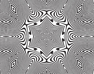  Line art optical art. Psychedelic abstract background. Monochrome background. Optical illusion style. Black dark background. Modern pattern. Abstract graphic texture. Graphic ornament