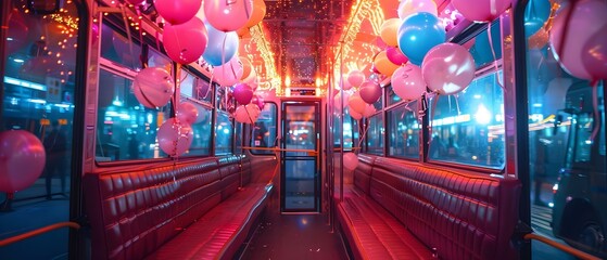 Interior of party bus decorated with balloons streamers and lively revelers. Concept Party Bus, Balloon Decor, Streamer Decor, Lively Revelers, Interior Design - obrazy, fototapety, plakaty