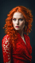 stunning woman with red cascading curls dressed in red elegant dress with eyes that command attention on a dark background