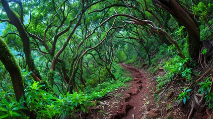Keuken spatwand met foto Verdant hiking trail through a tropical forest, natures adventure, travel and exploration © Joynal