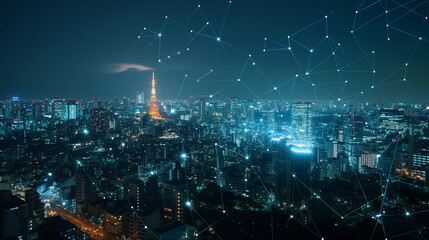 Cityscape, telecommunication and communication network concept. Smart city and digital transformation. Big data connection technology.