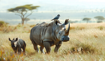 a rhinoceros and its calf walking in the savannah, with birds perched on their backs