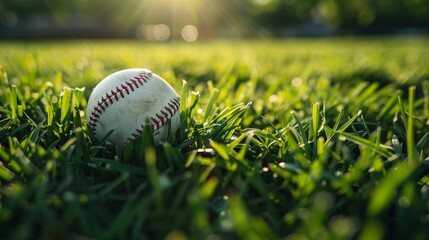A baseball ball nestled among fresh green grass on a sunny baseball field, capturing the anticipation of a new season