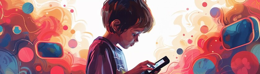 An illustration depicting the dangerous allure of screen time and technology for children - obrazy, fototapety, plakaty