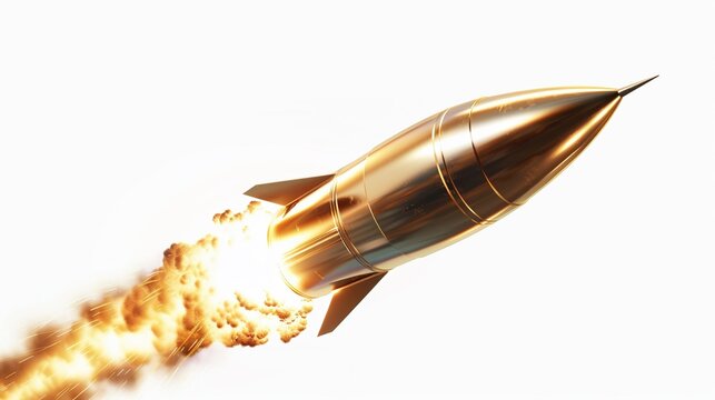 An illustration of a golden rocket hovering in space