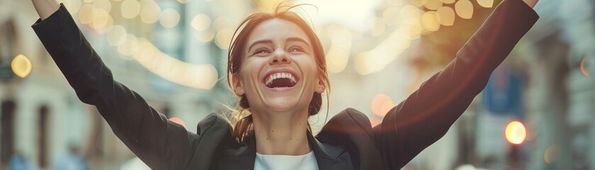 Businesswoman with a bright smile celebrating victory over competition, envisioning future success - obrazy, fototapety, plakaty