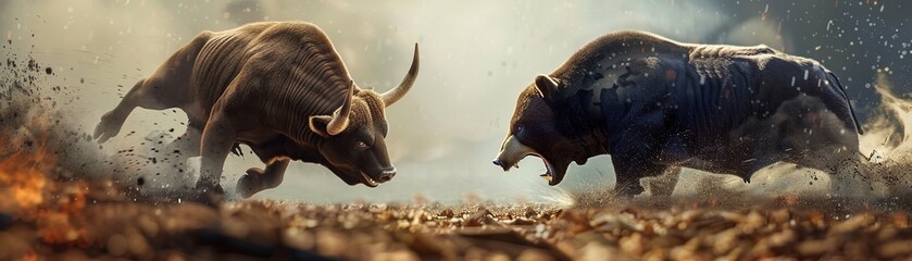 Bull and bear locked in a tense showdown, displaying the volatile nature of the stock market exchange - obrazy, fototapety, plakaty