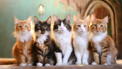 Funny many cats of various breeds and colors, looking expectantly at the camera. - obrazy, fototapety, plakaty
