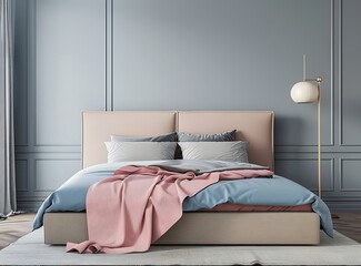 High quality interior photo of an elegant bedroom with a large bed, beige and blue color palette
