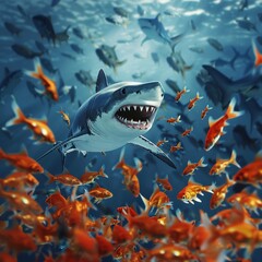 A large shark amidst a school of tiny goldfish, showcasing the concept of high stakes in business operations