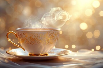 an elegant golden ornate teacup with rising steam, suggesting a hot beverage - obrazy, fototapety, plakaty