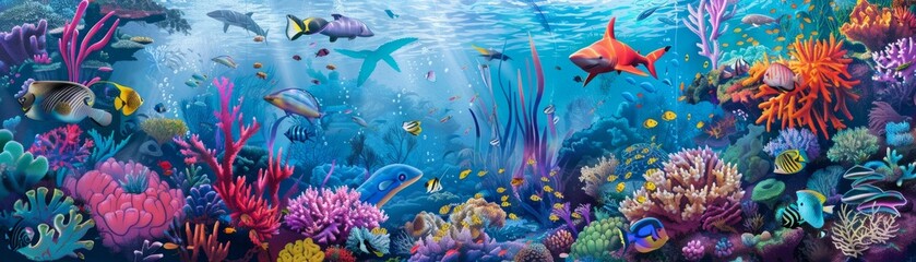 A 2D digital painting of a coral reef classroom, where sea creatures gather to learn, on white