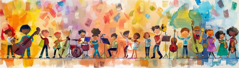 A 2D school concert, cartoon kids performing on stage, instruments painted in vibrant watercolors