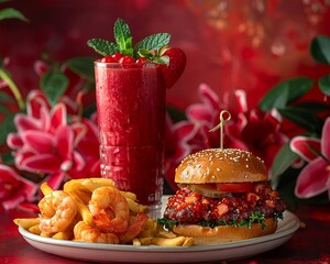 Cinematic photo, shrimp tempura, burger, fries, fruit smoothie on ceramic dish, deep red backdrop, textured movement, HD matte