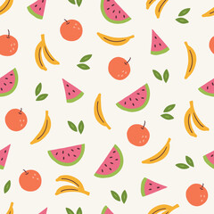 Summer seamless pattern with watermelon, banana, orange, leaves. Vector illustration