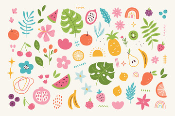 Summer design elements - orange, pear, cherry, pineaple, watermelon, kiwi, raspberry